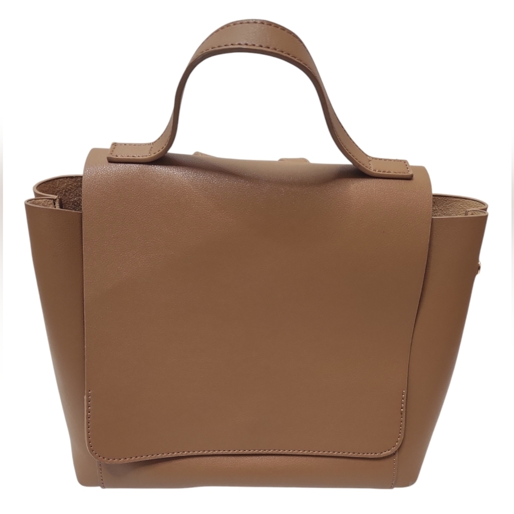 Asos Women's Camel Brown Unlined Flapover Tote Backpack with Goldtone Hardware